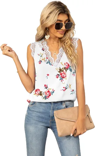Miniatura 102 de VIISHOW - Camiseta sin mangas, sexy, con cuello en V y bordes de encaje para mujer, camisola de vestir, camisas de gasa, sin mangas, casuales