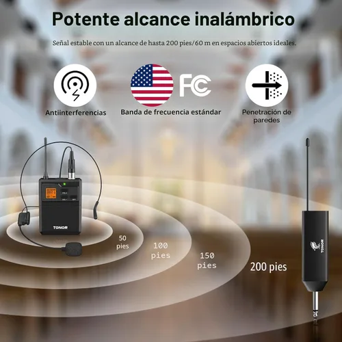 Miniatura 2 de TONOR Sistema de micrófono inalámbrico UHF con micrófono de auriculares/micrófono de solapa Lavalier, transmisor Bodypack, receptor recargable, 15