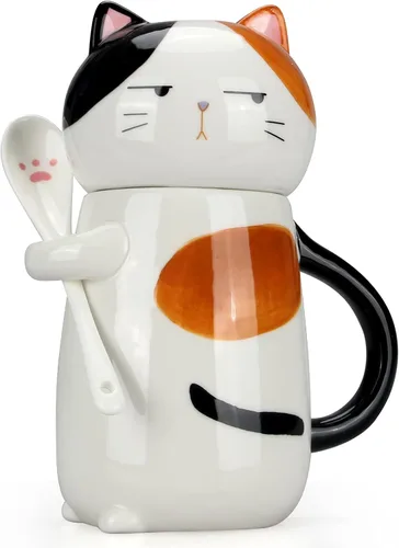 Taza de café grande y bonita de cerámica con tapa y cuchara, divertida taza de gato para mujeres y damas, tazas de café Kawaii 3D únicas de gato