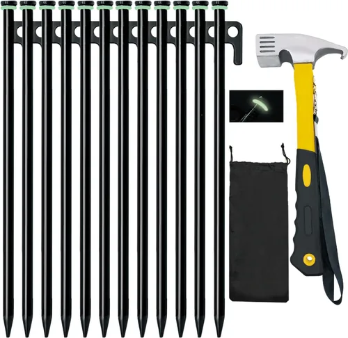 Paquete de 12 estacas para tienda de campaña con martillo, estacas de tienda de campaña resistentes de 16 pulgadas + martillo de campamento de 10