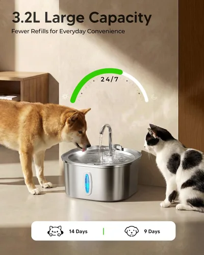 Miniatura 3 de PEKTACO Fuente de Agua para Gatos de Acero Inoxidable, Dispensador de Agua para Gatos de 3.2L/108oz con Bomba de Agua Ultra Silenciosa y Ventana