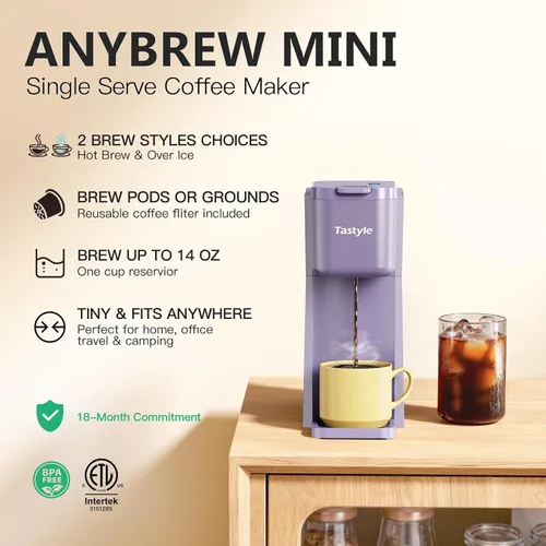 Miniatura 2 de Tastyle Mini Cafetera de Café Caliente y Frío de Una Sola Porción, para Cápsulas K y Café Molido, Tamaños de Preparación de 6 a 14 Oz, con Libro