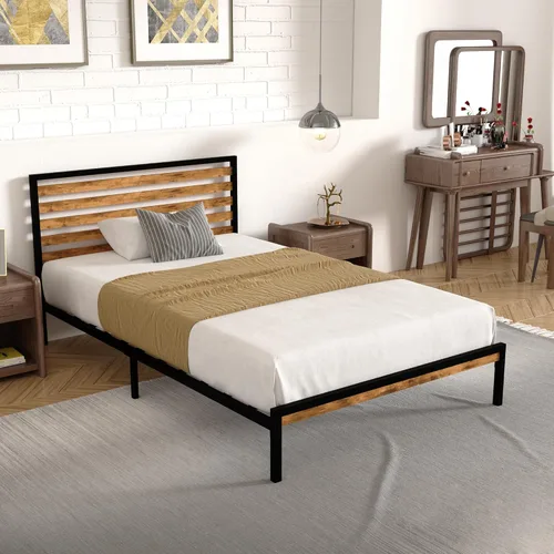 Miniatura 8 de Marco de cama individual combinado de madera y metal con cabecero, plataforma estable con soporte de listones de acero, cama doble, no necesita
