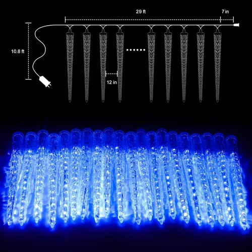 Miniatura 4 de Brightown Luces de carámbano de lluvia de meteoritos de Navidad para exteriores, 30 pies con 30 tubos 720 LED efecto de caída, decoraciones Azul