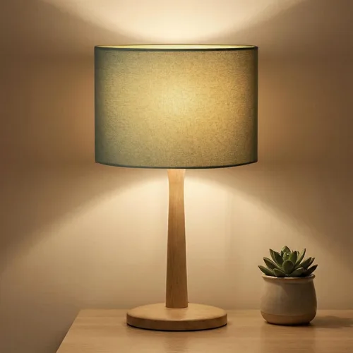Miniatura 11 de Lámpara de mesa de madera natural maciza de 16.3 pulgadas con pantalla de tambor de lino para sala de estar, lámpara de mesita de noche regulable