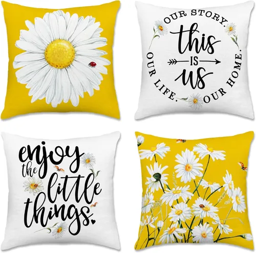 Miniatura 9 de Hexagram Juego de 4 fundas de almohada de primavera y verano de 16 x 16 pulgadas, diseño de margaritas florales para exteriores, funda de cojín azul