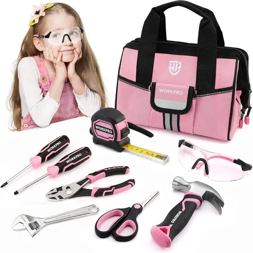 Miniatura 8 de WORKPRO Juego de herramientas de mano para niños de 9 piezas, kit de herramientas junior azul con bolsa de almacenamiento para niños, niñas, niños