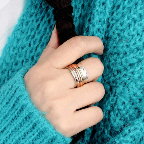 Miniatura 7 de Boho-Magic Anillo giratorio para mujer, plata de ley 925, con cobre y latón, anillos de plata