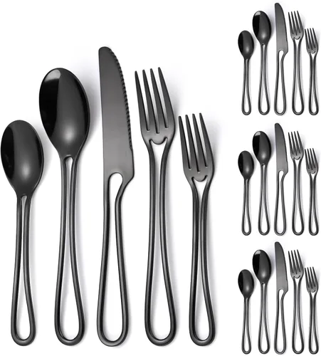 Miniatura 19 de Modern Silverware - Juego de cubiertos martillados de acero inoxidable de 20 piezas para 4 personas, incluye tenedores, cucharas, cuchillos, plateado