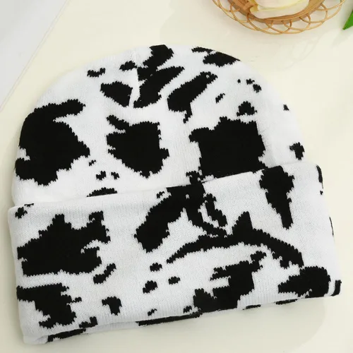 Miniatura 2 de GLOCALL Gorro con estampado de vaca, lindo gorro con estampado de vaca, gorro de otoño e invierno, gorro con puños, sombreros de punto cálido, gorra