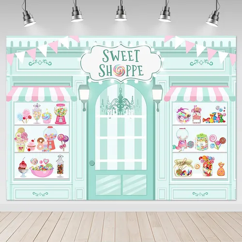 Miniatura 9 de Mocsicka Sweet Shoppe Telón de Fondo Salón de Postres para Decoraciones de Fondo de Fiesta de Cumpleaños de Niña Decoración de Mesa de Pastel de Azul