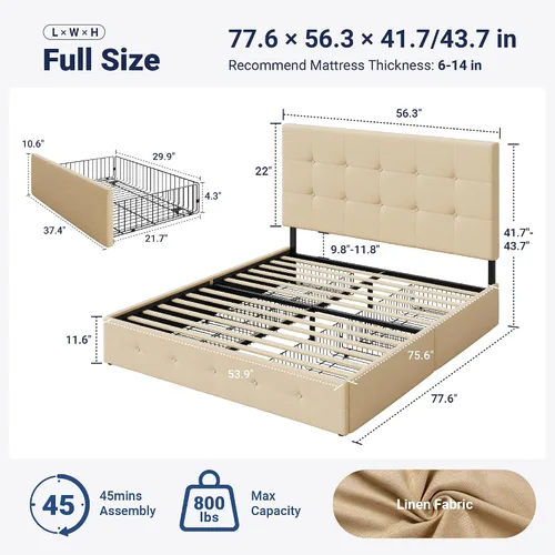 Miniatura 2 de Allewie - Base de cama tapizada de tamaño Full con plataforma, con 4 cajones de almacenamiento y cabecera, diseño cosido en cuadrados con botones