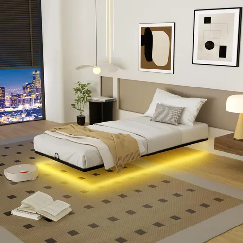 Miniatura 12 de Base de cama flotante tamaño individual, marco de cama individual con luces LED inteligentes, cama de plataforma de metal moderna y resistente