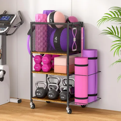 Miniatura 8 de Estante para mancuernas, soporte de almacenamiento para esterilla de yoga, estante de almacenamiento de gimnasio en casa, organizador