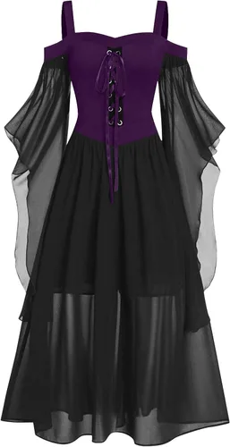 Miniatura 6 de Vestido gótico renacentista para mujer, disfraz de Halloween, hombros descubiertos, encaje, manga trompeta, vestido medieval steampunk 04-navy