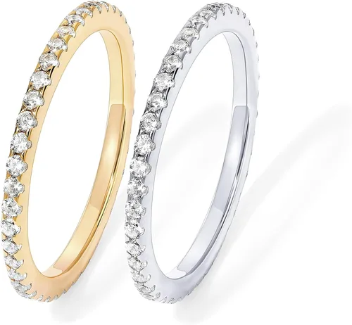 Miniatura 10 de PAVOI - Anillo apilable de plata de ley 925 chapado en oro de 14 quilates con diamantes de imitación de circonia cúbica para mujer