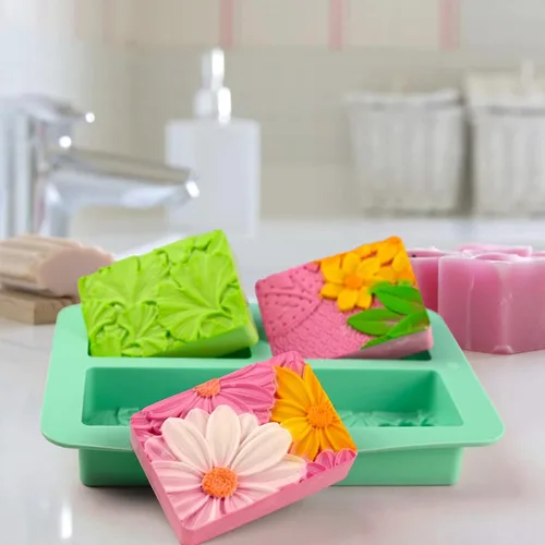 Miniatura 2 de HUAKENER Paquete de 2 moldes de silicona para jabón, molde rectangular para hacer jabón, moldes de silicona con patrón de flores rectangulares 3D