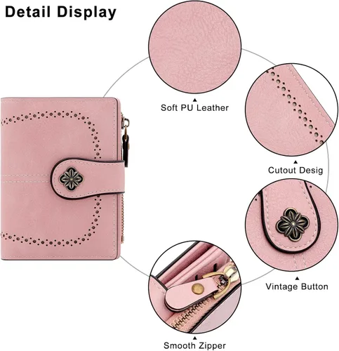 Miniatura 4 de defway Cartera pequeña para tarjetas para mujer, cartera para mujer con soporte para tarjetas de bloqueo RFID, bolso pequeño compacto para mujer, 16