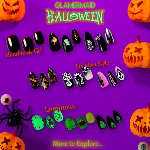 Miniatura 8 de Luminous GLAMERMAID Winter Press on Nails Conffin, Handmade Gel Fake Nails Long, Gothic Emo Nails with Skull Ghost Design, Cartoon False Nails for