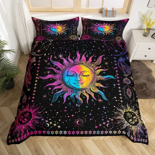 Miniatura 2 de Erosebridal Juego de ropa de cama bohemio con sol y luna, funda de edredón hippie de 3 piezas, colorida funda de edredón teñida anudada, funda