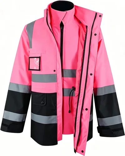 SMASYS Chaqueta Reflectante de Alta Visibilidad Oxford Doble Gruesa de Seguridad, Clase 3 ANSI, Ropa de Protección para Construcción Rosa