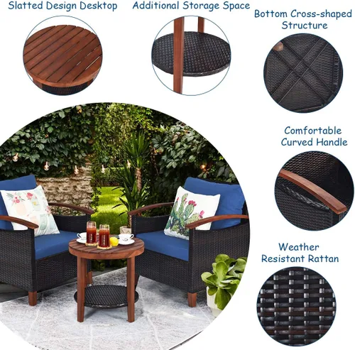Miniatura 9 de Tangkula Juego de muebles de patio de 3 piezas, sofá y mesa auxiliar de ratán para exteriores con marco de madera de acacia maciza, juego de bistró