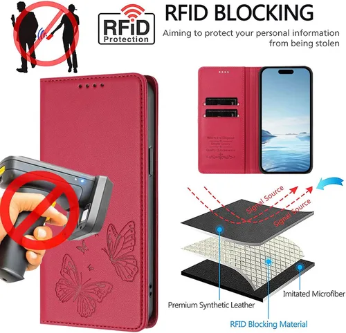 Miniatura 8 de Butterfly Embossed Leather Wallet Flip Case for Motorola Moto E22i 4G, Magnetic Closure, RFID Blocking Cover, Card Holder Red.