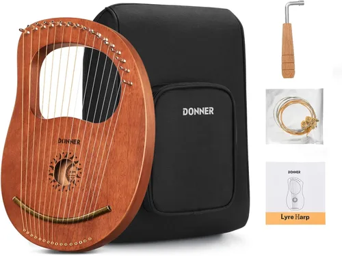 Arpa de lira Donner, 16 cuerdas de metal, cuerpo de caoba y sillín de cobre DLH-003 Arpa de lira con llave de afinación, juego de cuerdas de