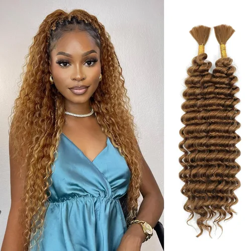 Miniatura 50 de Mezcla de cabello humano trenzado sintético bohemio para trenzar, 16 pulgadas de onda profunda a granel para trenzas bohemias, 2 piezas de cabello 1b