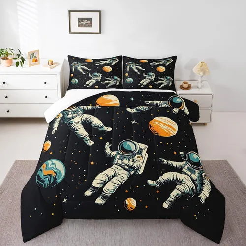 Miniatura 3 de Manfei Juego de edredón de astronauta de dibujos animados, tamaño individual, juego de ropa de cama colorido de cielo estrellado galaxia para niños