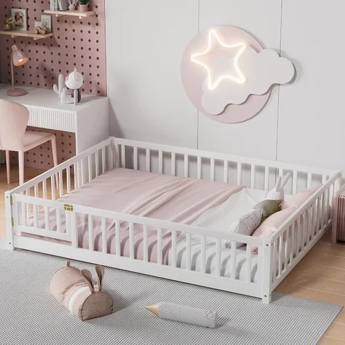 Miniatura 15 de Marco de cama Montessori de madera de tamaño individual con listones de madera, valla y puerta para niños, niñas y niños, espresso