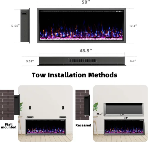 Miniatura 7 de Kucreiheat Chimenea eléctrica de 42 pulgadas, marco de aluminio, chimenea empotrada/montaje en pared, tronco, madera flotante y opción de cristal