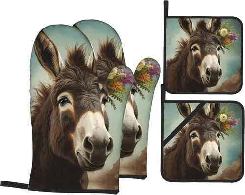 Juego de 4 guantes de horno y soportes para ollas con estampado de animales burros, resistentes al calor, antideslizantes, guantes de horno y