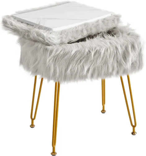 Miniatura 12 de IBUYKE Taburete rectangular de piel sintética con almacenamiento, silla de maquillaje peluda, asiento acolchado suave, reposapiés redondo con 4