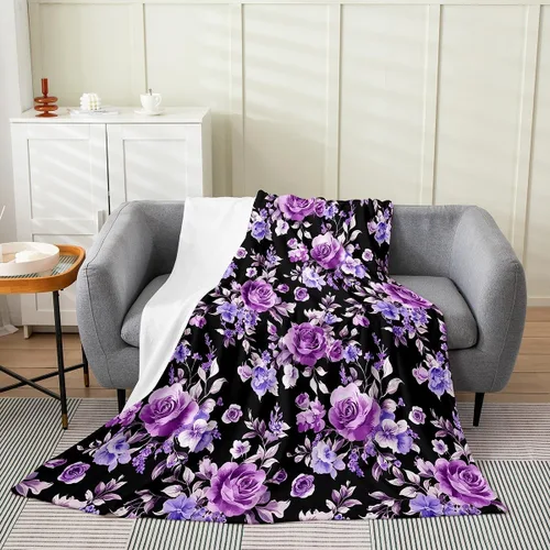 Erosebridal Manta de rosa de 40 x 50 pulgadas, manta exótica de vellón floral de flores moradas para decoración de dormitorio, manta de franela