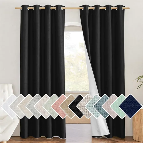 NICETOWN - Cortinas térmicas de lino vintage con tejido abierto de lino negro para decoración de Halloween, cortinas opacas 100% de 84 pulgadas de