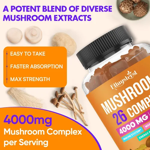Miniatura 8 de Gomitas de hongos para adultos de 4000 mg, suplementos cerebrales para memoria y concentración, complejo de suplementos de hongos 26 en 1