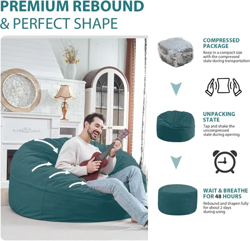 Miniatura 328 de Puf de 5 pies, puf grande con relleno de espuma viscoelástica, sofá puff esponjoso con funda de terciopelo holandés, puf redondo para sala de estar