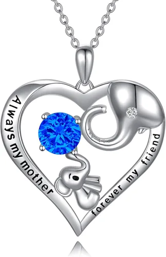AOBOCO Collar de plata de ley con corazón de amor de elefante de la suerte con cristales de piedra de nacimiento, regalo de joyería para el día de