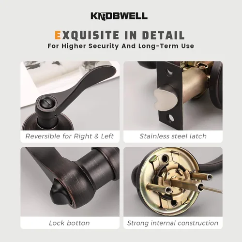 Miniatura 7 de Knobwell - Paquete de 10 manijas de puerta de bronce aceitado, perillas de puerta de privacidad para cama y baño, manija de puerta de estilo onda
