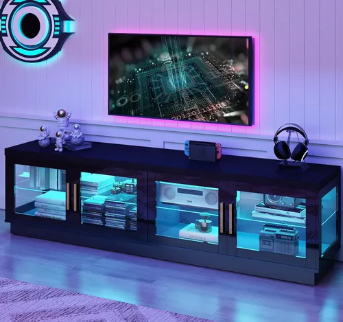 Miniatura 7 de Hlivelood Soporte de TV LED de 71 pulgadas para TV de 85/80/75 pulgadas, soporte de TV negro brillante moderno para sala de estar, centro