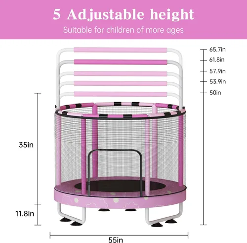 Miniatura 6 de LAMERGE Trampolín redondo 7 en 1 de 55 pulgadas para niños y niñas de 1 a 8 años, trampolín para interiores y exteriores para diversión, barandilla