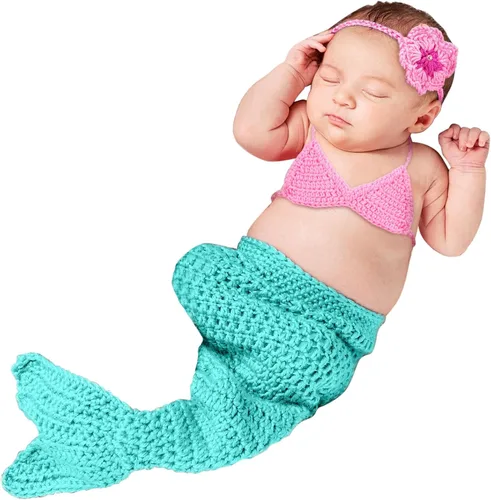 Janmercy Trajes de fotografía para niña recién nacida, accesorios para fotos de bebé, traje de ganchillo hecho a mano, lindo disfraz de foto (sirena)