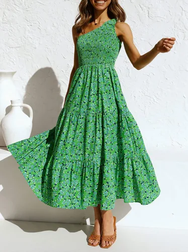 Miniatura 9 de ZESICA Vestido largo midi de verano bohemio con estampado floral de un hombro, sin mangas, fruncido con volantes, escalonado, para playa