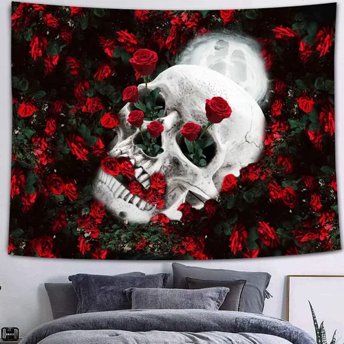 FEASRT Tapiz de calavera, rosa roja para amantes del cráneo del jardín, dormitorio, apartamento, arte para el hogar, decoración para colgar en la