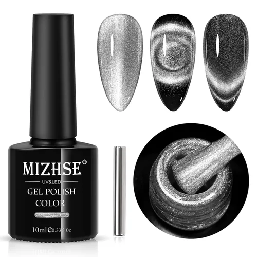 MIZHSE Esmalte de uñas en gel 9D de ojo de gato, esmalte en gel magnético plateado con barra magnética, efecto galaxia mágico con destellos y brillo