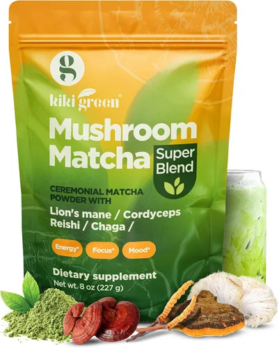 KIKI Green Mushroom Matcha Super Blend – Polvo de matcha con melena de león, Chaga, Reishi, Cordyceps – Alternativa de café de hongos para energía,