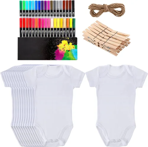 Xtinmee 24 piezas unisex para bebé, de algodón, manga corta, 36 colores, bolígrafos de pintura de tela con clips, cuerda de cáñamo para recién