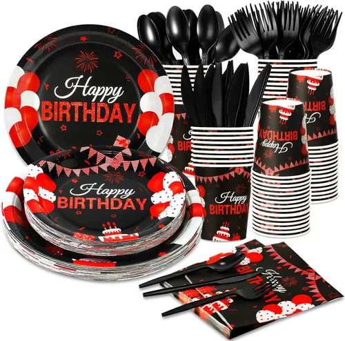 Juego de vajilla de 168 piezas para fiesta de cumpleaños de color negro y rojo, platos, cuchillos, tenedores, cucharas, tazas y servilletas,