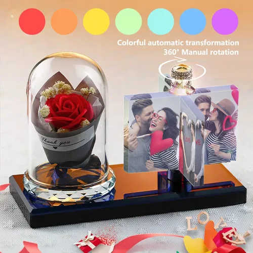 Miniatura 7 de Luz de foto personalizada mexicana LED rosa flor cristal rectangular foto marco personalidad luz 3D cristal foto marco regalo de Navidad, AZUL